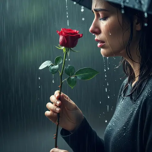 Emotional Scene in the Rain with a Red Rose | Tears and Thorns