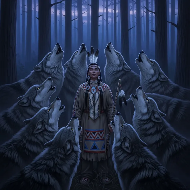 Native American Woman & Howling Wolves