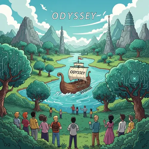 Cartoon Landscape: Nature & Technology Fusion with Odyssey-Style Ship
