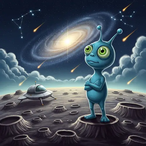 Whimsical Alien Standing on Rocky Planet Exploring Galaxies
