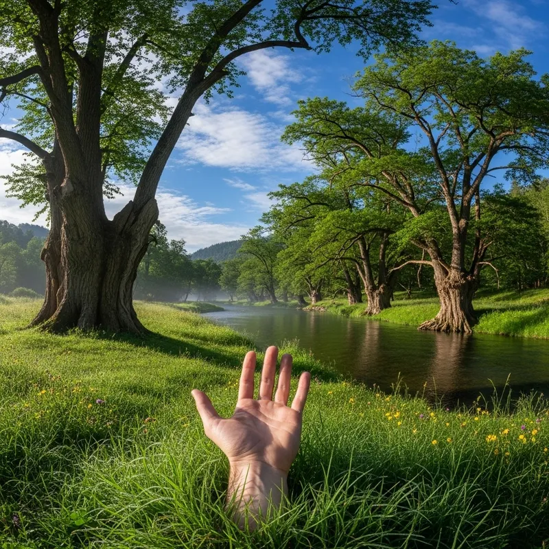 Mysterious Hand Touching Grass in Majestic Natural Scene