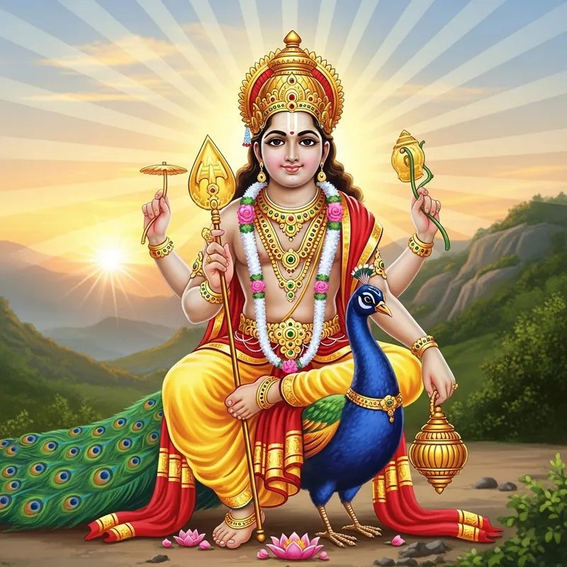 Lord Murugan: Divine Hindu Figure in Traditional Attire with Peacock and Vel Weapon