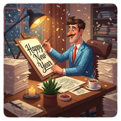 Festive Cartoonist Sketching 'Happy New Year' | Illustration