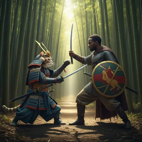 Samurai Cat Vs. Human Duel in Bamboo Forest