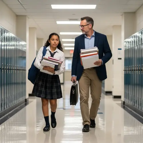 Student and Teacher Carrying Papers in School