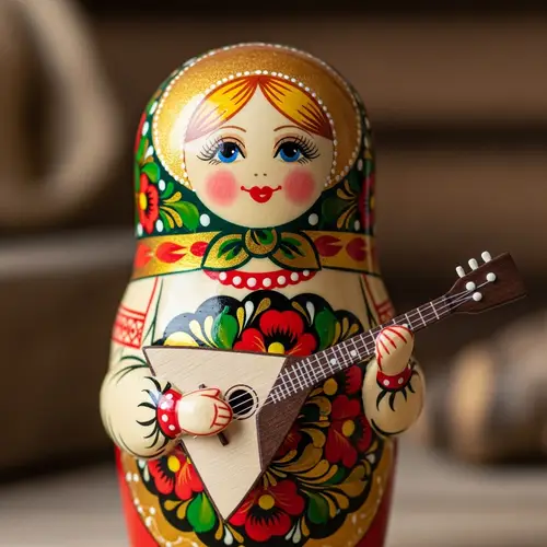 Russian Matryoshka Doll Holding Balalaika - Unique Souvenir