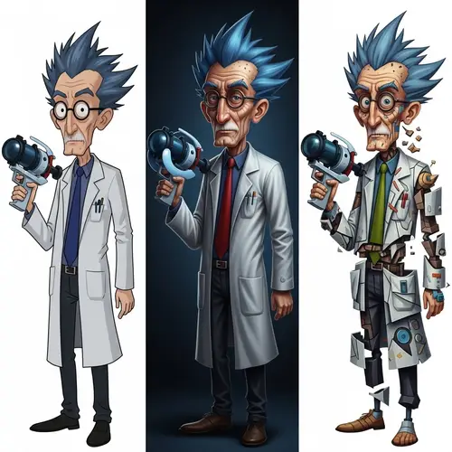 Eccentric Scientist in 3 Artistic Styles: Cartoons, Realism, Cubism