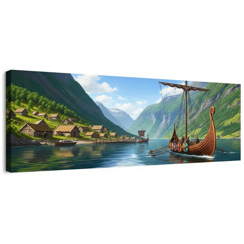 Majestic Viking Village and Longship in Enchanting Fjord Majestic Viking Village and Longship in Enchanting Fjord
