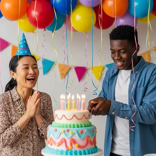 Colorful Birthday Party Celebration with Cake and Laughter