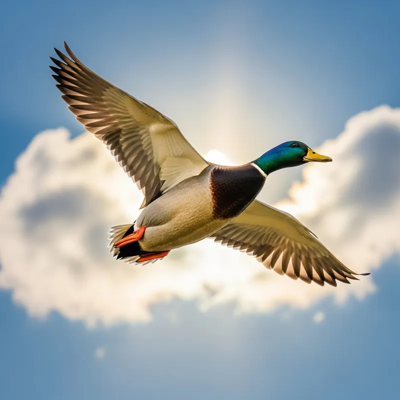 Majestic Flying Duck in Clear Blue Sky