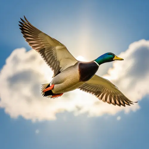 Flying Duck Gliding Through Clear Blue Sky - Enchanting Scene