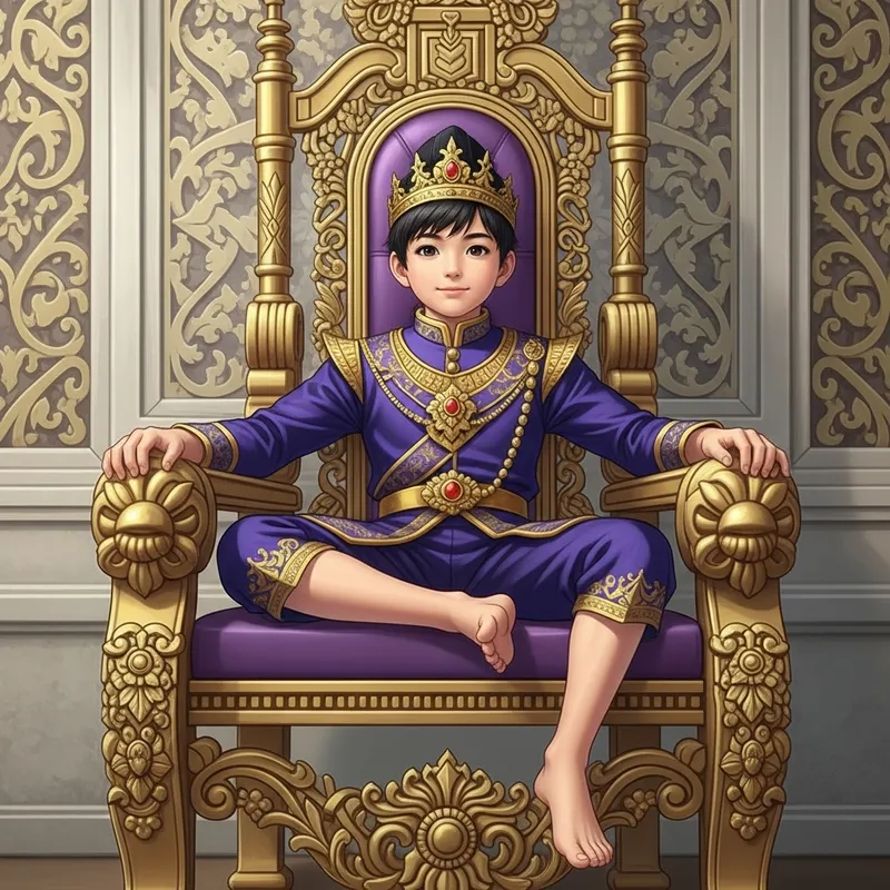 Asian Prince Seated on Ornate Throne in Majestic Purple