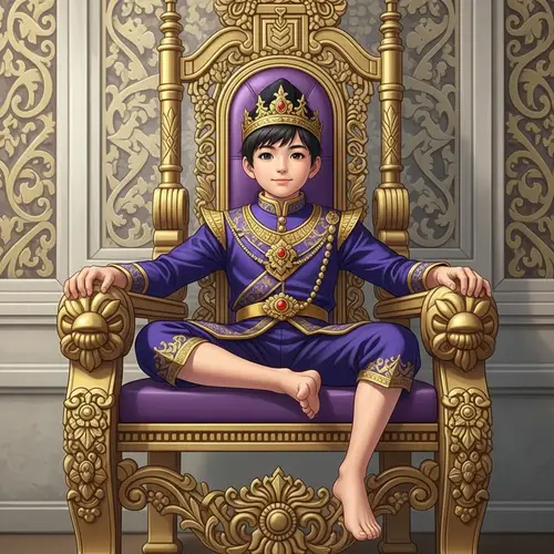 Young Asian Prince on Ornate Throne in Majestic Purple