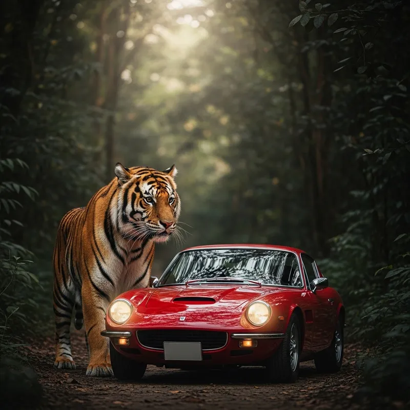 Sports Car and Tiger Encounter in Jungle