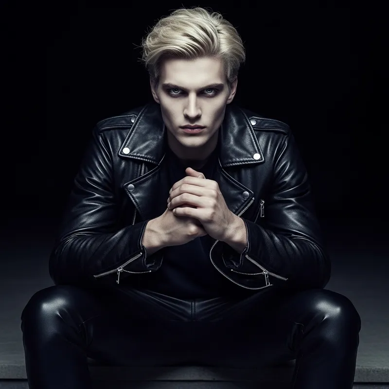 Young Blonde Vampire in Leather Jacket and Pants