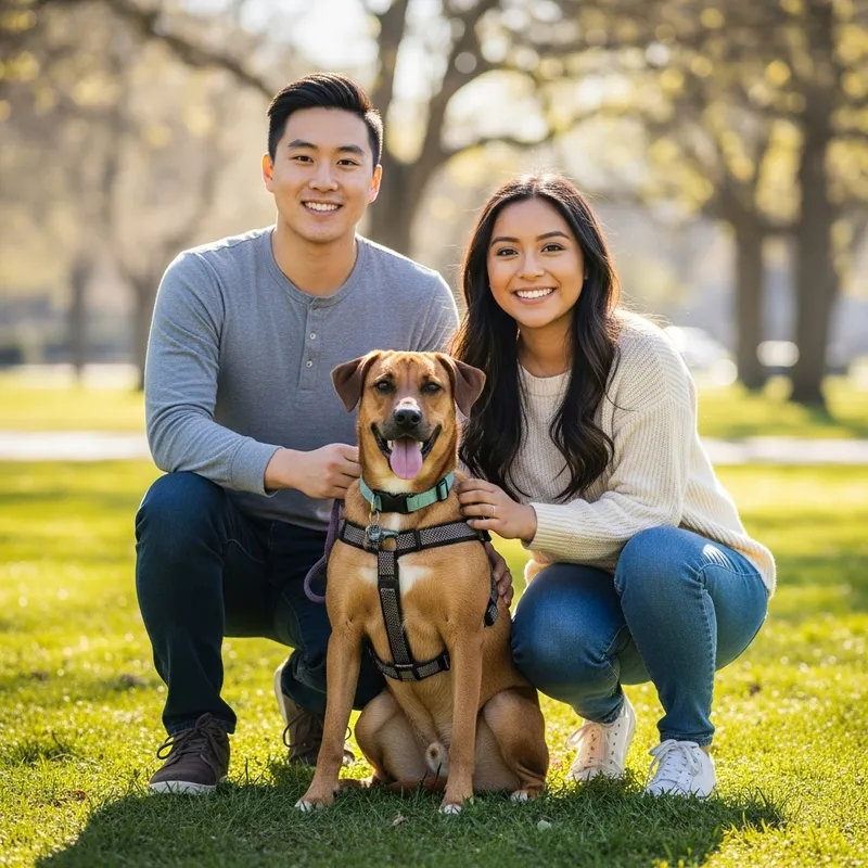Happy Dog with Owners in Park | Warm and Affectionate Bond