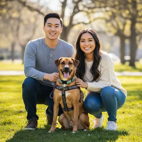 Joyful Brown Dog with Diverse Owners in Park | Warmth and Affection
