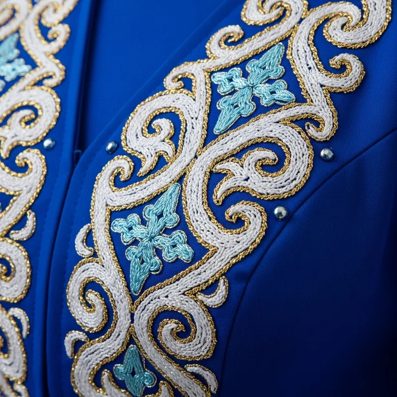 Intricate Kazakh Ornament Embroidery on Blue Dress