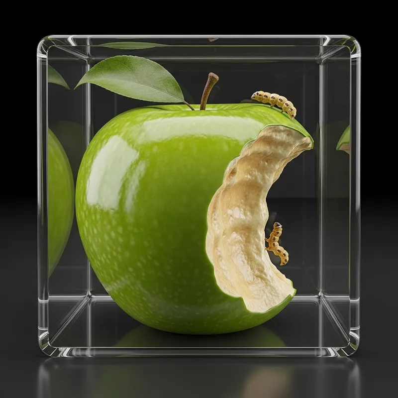 Green Apple in Glass Cage with Worm - Fresh and Bitten Fruit Green Apple in Glass Cage with Worm - Fresh and Bitten Fruit