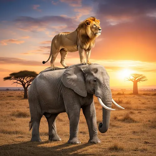 Majestic African Lion Riding Wise African Elephant