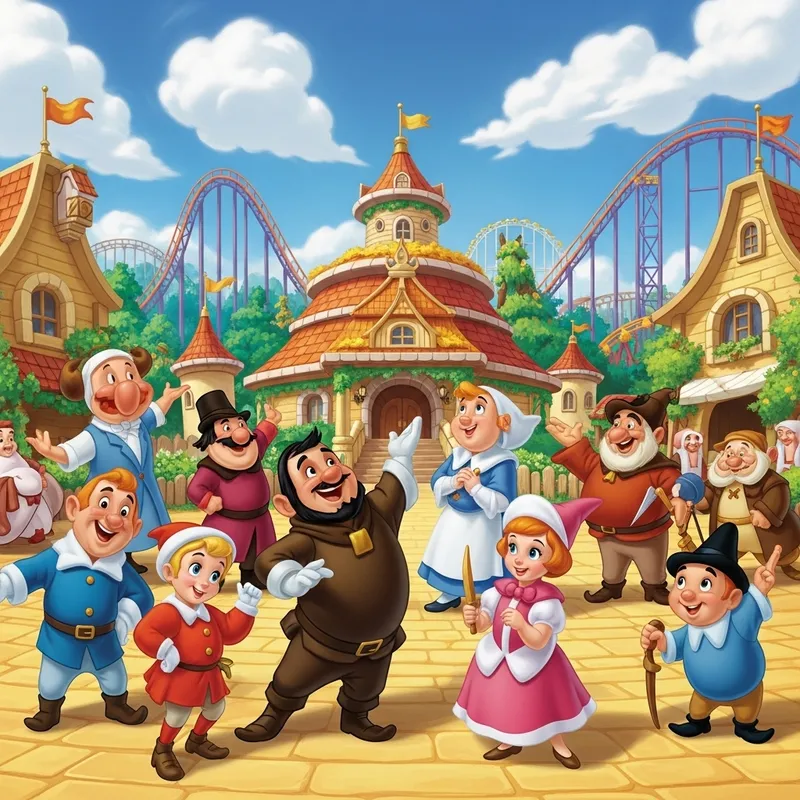 Classic Disney Characters in Vibrant Theme Park Poster