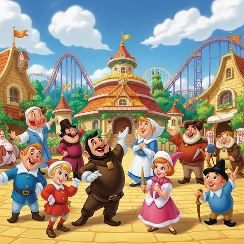 Vibrant Amusement Park Poster with Delightful Fairy Tale Characters