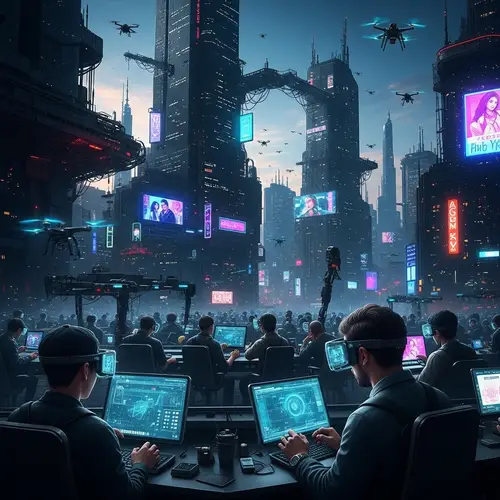 Dystopian Future in 2840: Dark Skyscrapers, Neon Glow, and Technological Dominance