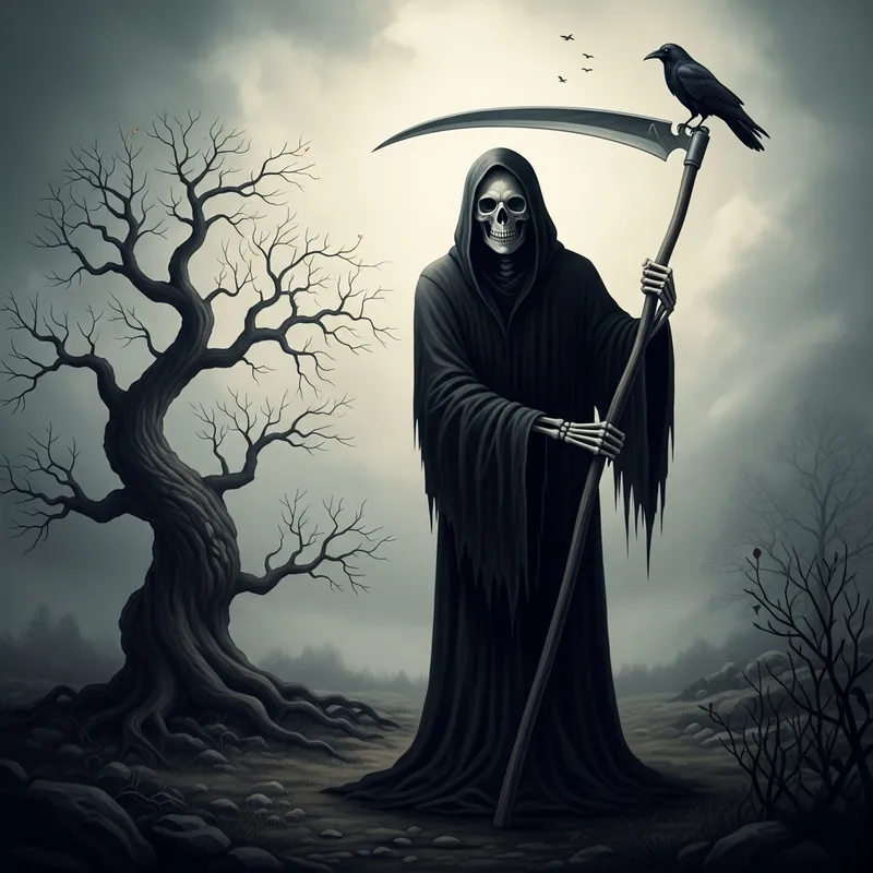 Death: Ominous Skeleton in Bleak Landscape with Crow