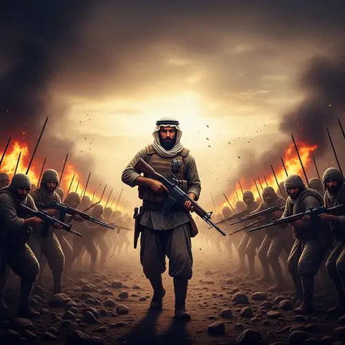 Epic Middle-Eastern Soldier Defending Battlefield from Adversaries