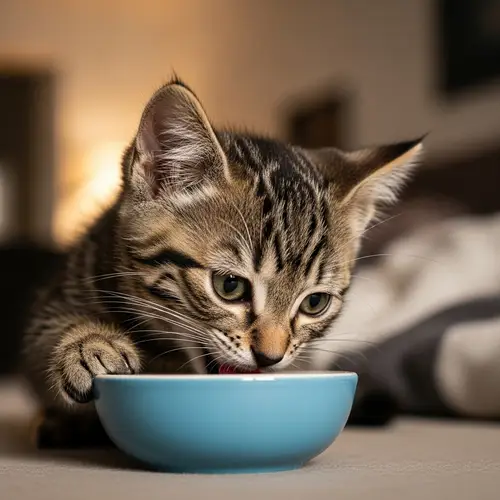 Adorable Kitten Contentedly Munching on Cat Food