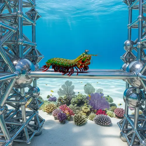 Realistic Mantis Shrimp Swimming Through Metallic Geometric Object