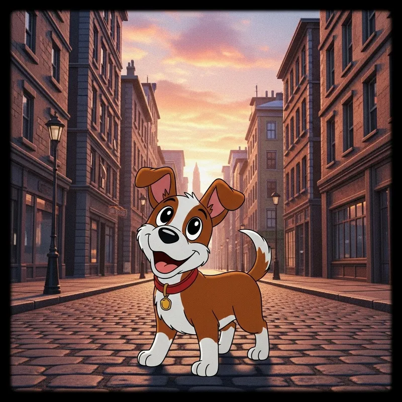 Cute Dog in Don Bluth-Style Animation on City Street | VHS Vintage Vibe