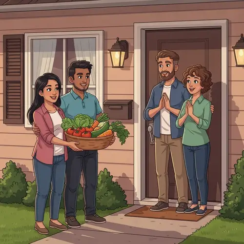 Friendly Multiethnic Couple Sharing Garden Vegetables | Warm Community Gesture