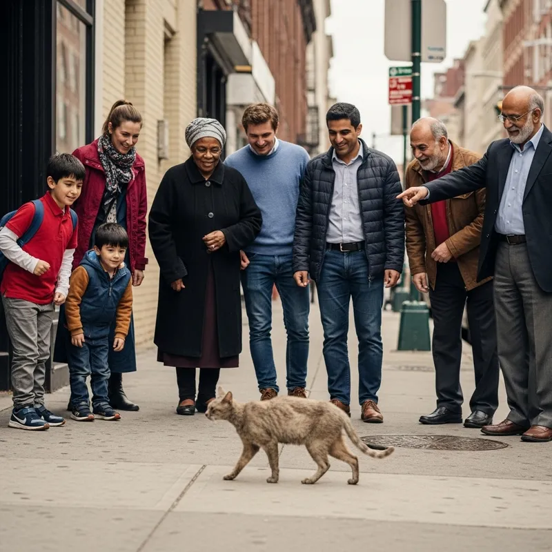 Cinematic Street Scene: Amused Onlookers at Thin Cat