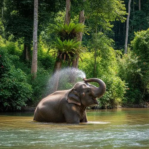 Joyful Asian Elephant Bathing in Lush Tropical River