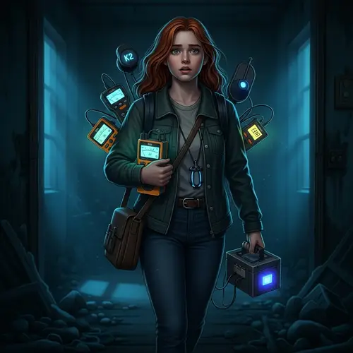 Adolescent Ghost Hunter Girl with Vibrant Red Hair in Abandoned Dwelling