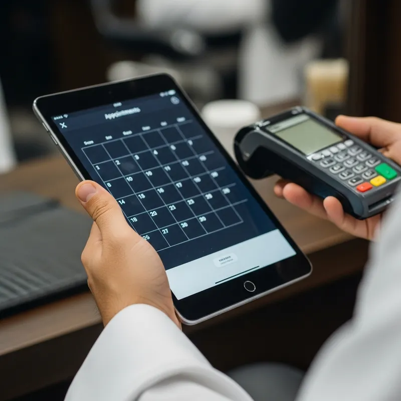 Barber's Hand Holding Tablet for Calendar Scheduling and Payment Processing