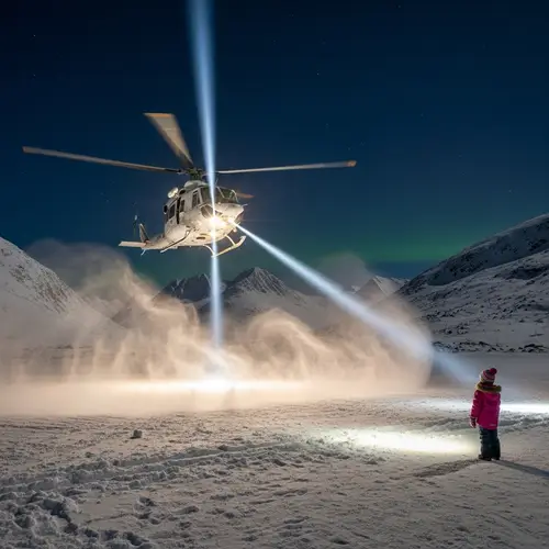 Helicopter Descends Illuminating Night Sky: Enchanting Scene