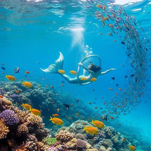 Surreal Underwater Mermaid Scene with Colorful Fish and Coral