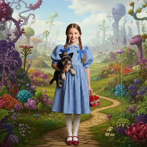 Young Girl in Blue Gingham Dress with Shaggy Dog | Fantasy Landscape