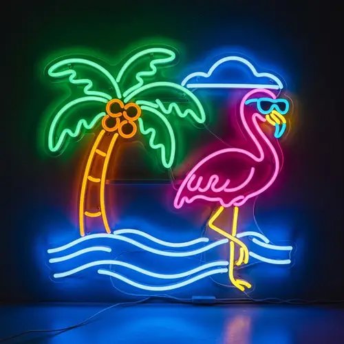 Glowing Tropical Neon Sign: Coconut Tree, Flamingo & Sea
