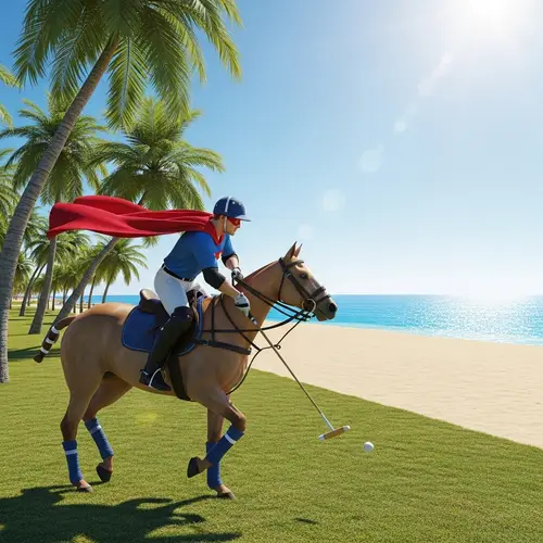 Superhero playing polo on beachfront polo field