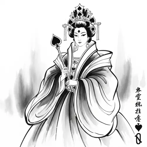 Queen of Spades Ink Wash Painting: Black and White Style