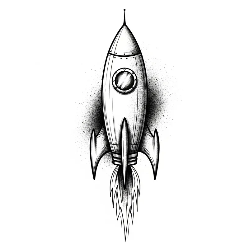 Bold Hand-Drawn Rocket Tattoo Design with Intricate Details