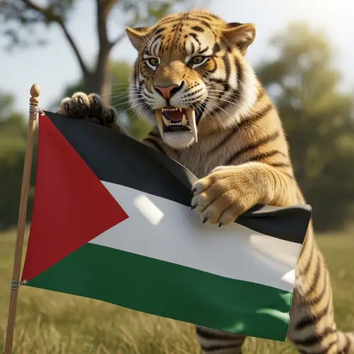 Playful Cat with Big Tooth and Palestine Flag Colors