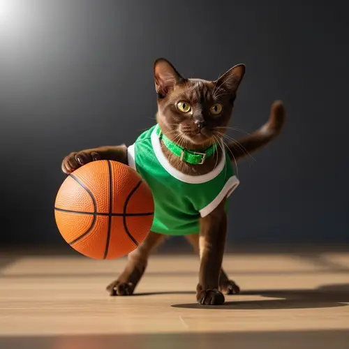 Playful Chocolate Burmese Cat Dribbling Basketball | Sports Photography