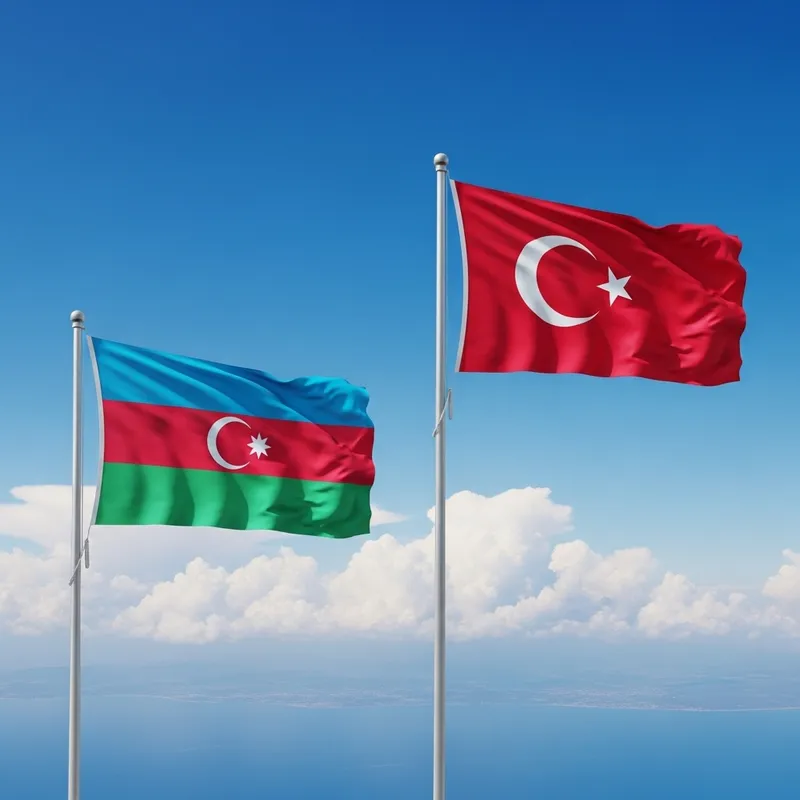 Azerbaijani and Turkish Flags Waving Proudly - Vibrant Aerial View