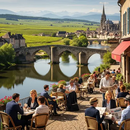 Picturesque View of France | Charming Cafe, Stone Bridge, Vineyards