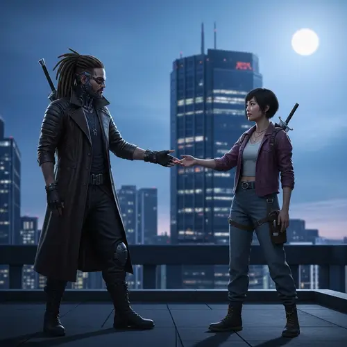 Futuristic Vampire Hunter and Asian Companion on Rooftops