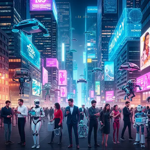 Future Technology Cityscape: Bustling Metropolis with AI and Diversity